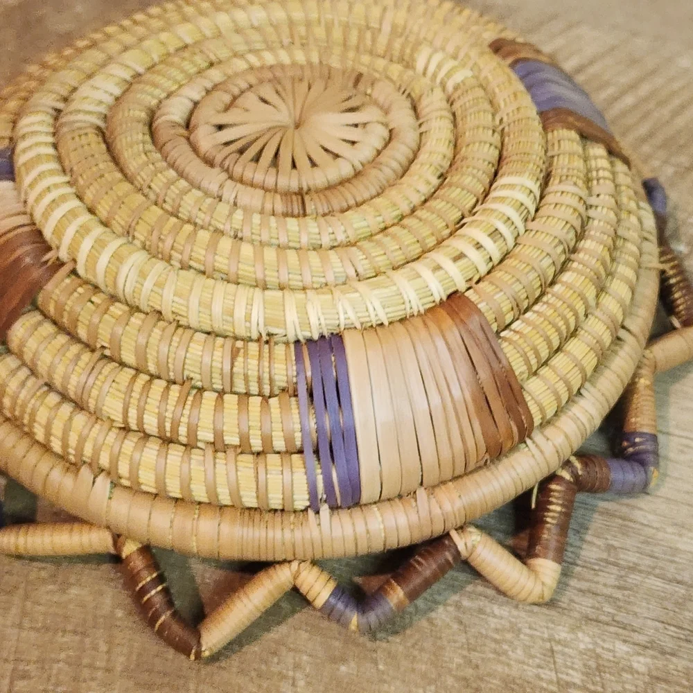 Vintage Native American Hopi Style Coiled Basket Multicolor Triangle Top Accents